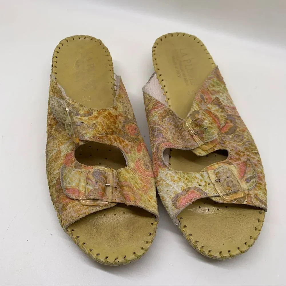 La Plume Floral Leather Yellow Slip on  Made in Italy Sandals Size 9 EUR 40 - Picture 5 of 13